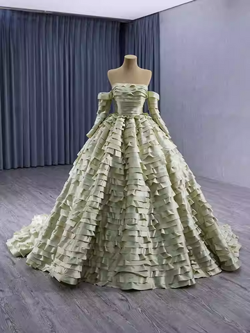 Exquisite Off - Shoulder Ruffled Green Ball Gown with Long Train - Prom Dress, BG052