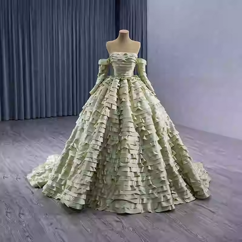 Exquisite Off - Shoulder Ruffled Green Ball Gown with Long Train - Prom Dress, BG052