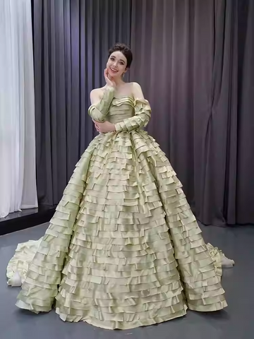 Exquisite Off - Shoulder Ruffled Green Ball Gown with Long Train - Prom Dress, BG052