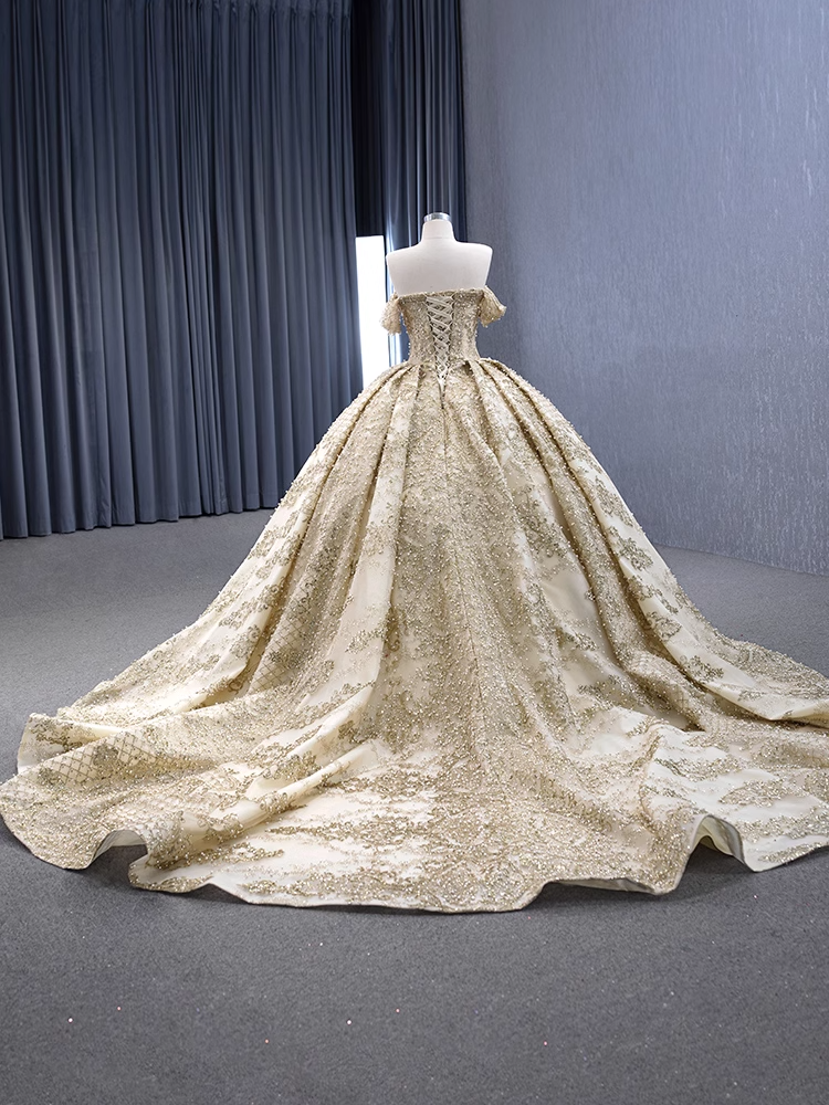 Opulent Off - Shoulder Gold - Embellished Ball Gown with Long Train -Prom Dress, BG055