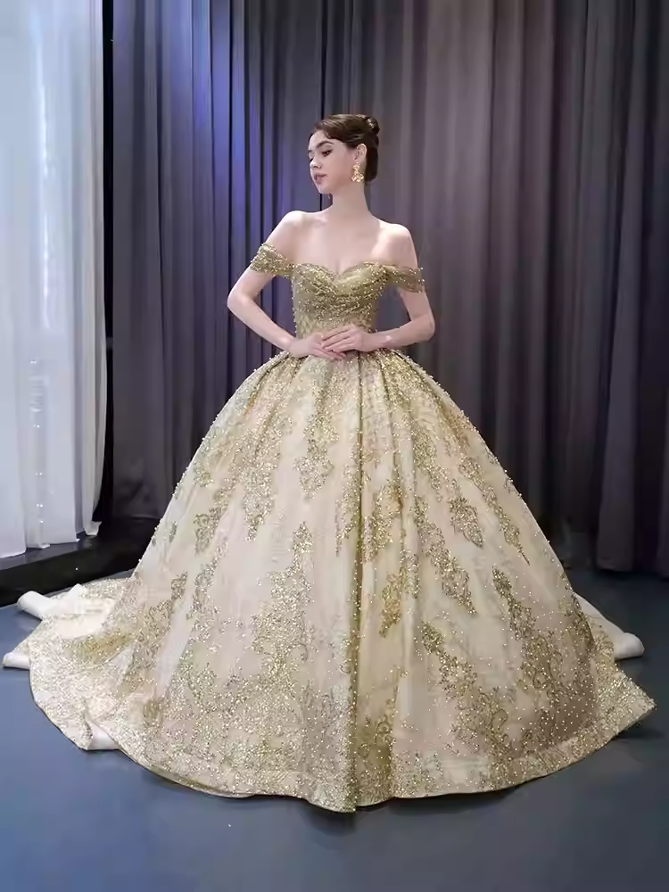 Opulent Off - Shoulder Gold - Embellished Ball Gown with Long Train -Prom Dress, BG055