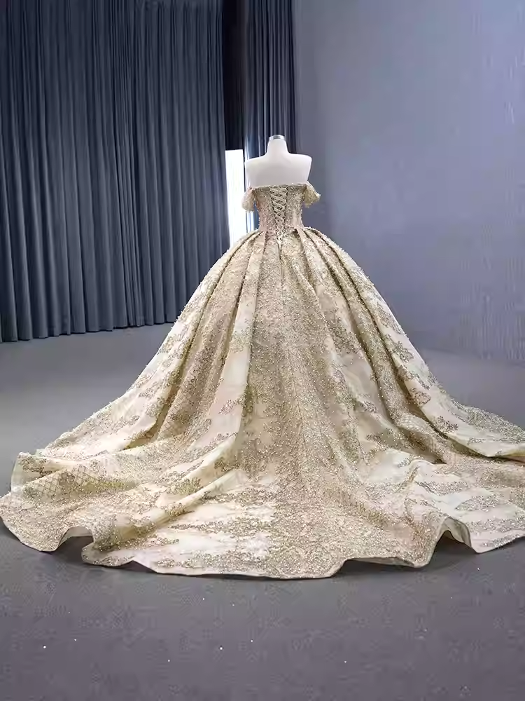 Opulent Off - Shoulder Gold - Embellished Ball Gown with Long Train -Prom Dress, BG055
