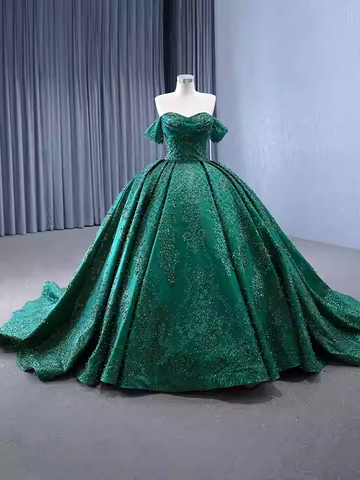 Opulent Off - Shoulder Gold - Embellished Ball Gown with Long Train -Prom Dress, BG055