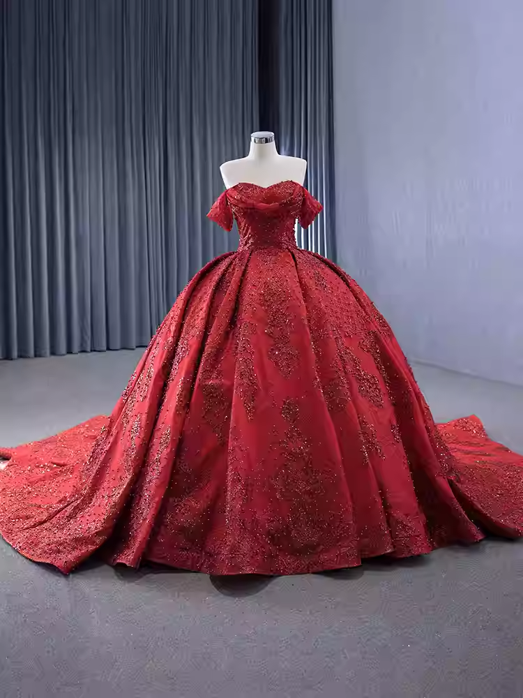 Opulent Off - Shoulder Gold - Embellished Ball Gown with Long Train -Prom Dress, BG055
