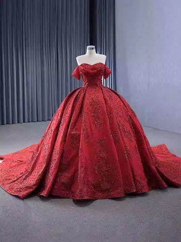 Opulent Off - Shoulder Gold - Embellished Ball Gown with Long Train -Prom Dress, BG055