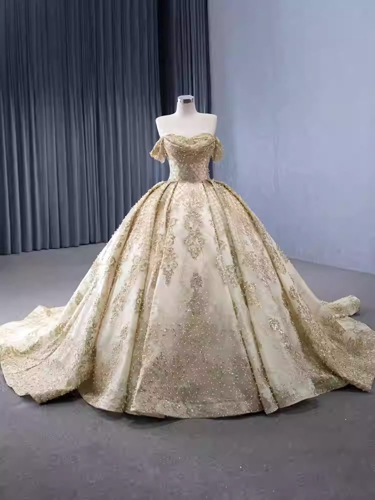 Opulent Off - Shoulder Gold - Embellished Ball Gown with Long Train -Prom Dress, BG055