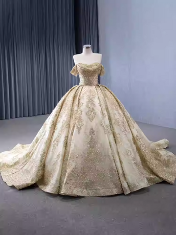 Opulent Off - Shoulder Gold - Embellished Ball Gown with Long Train -Prom Dress, BG055
