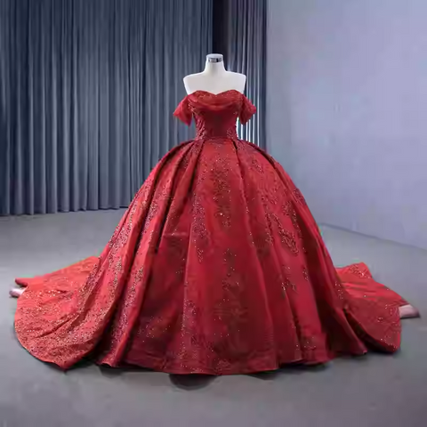 Opulent Off - Shoulder Gold - Embellished Ball Gown with Long Train -Prom Dress, BG055