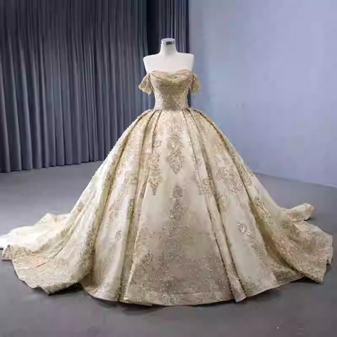 Opulent Off - Shoulder Gold - Embellished Ball Gown with Long Train -Prom Dress, BG055