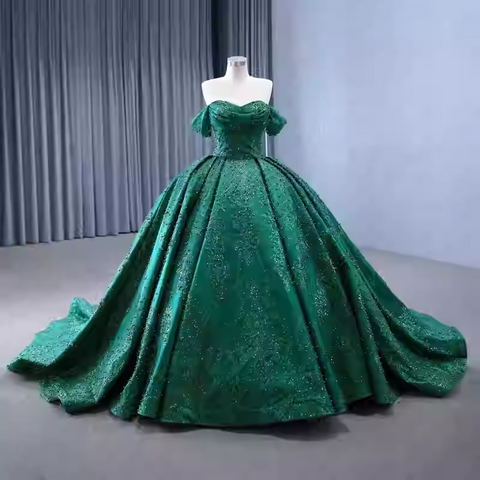 Opulent Off - Shoulder Gold - Embellished Ball Gown with Long Train -Prom Dress, BG055