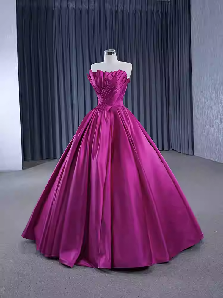 Stunning Strapless Magenta Satin Ball Gown with Pleated Bodice - Prom Dress, BG058