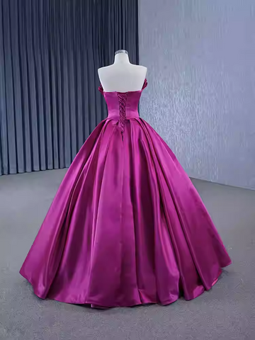Stunning Strapless Magenta Satin Ball Gown with Pleated Bodice - Prom Dress, BG058