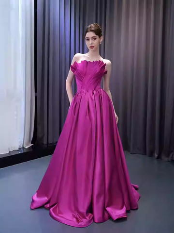 Stunning Strapless Magenta Satin Ball Gown with Pleated Bodice - Prom Dress, BG058