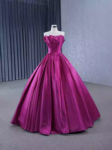 Stunning Strapless Magenta Satin Ball Gown with Pleated Bodice - Prom Dress, BG058
