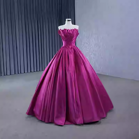 Stunning Strapless Magenta Satin Ball Gown with Pleated Bodice - Prom Dress, BG058