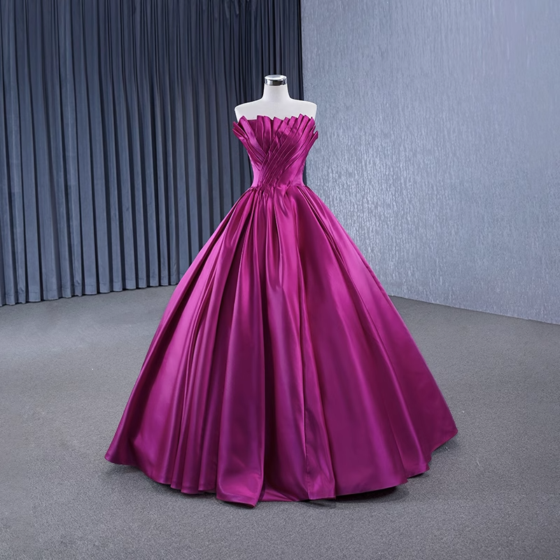 Stunning Strapless Magenta Satin Ball Gown with Pleated Bodice - Prom Dress, BG058