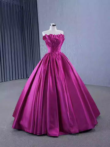 Stunning Strapless Magenta Satin Ball Gown with Pleated Bodice - Prom Dress, BG058