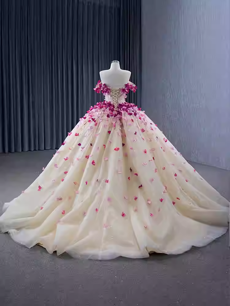 Enchanting Off - Shoulder Ivory Tulle Ball Gown with Pink Floral Embellishments - Prom Dress, BG059