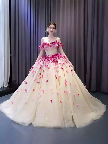 Enchanting Off - Shoulder Ivory Tulle Ball Gown with Pink Floral Embellishments - Prom Dress, BG059