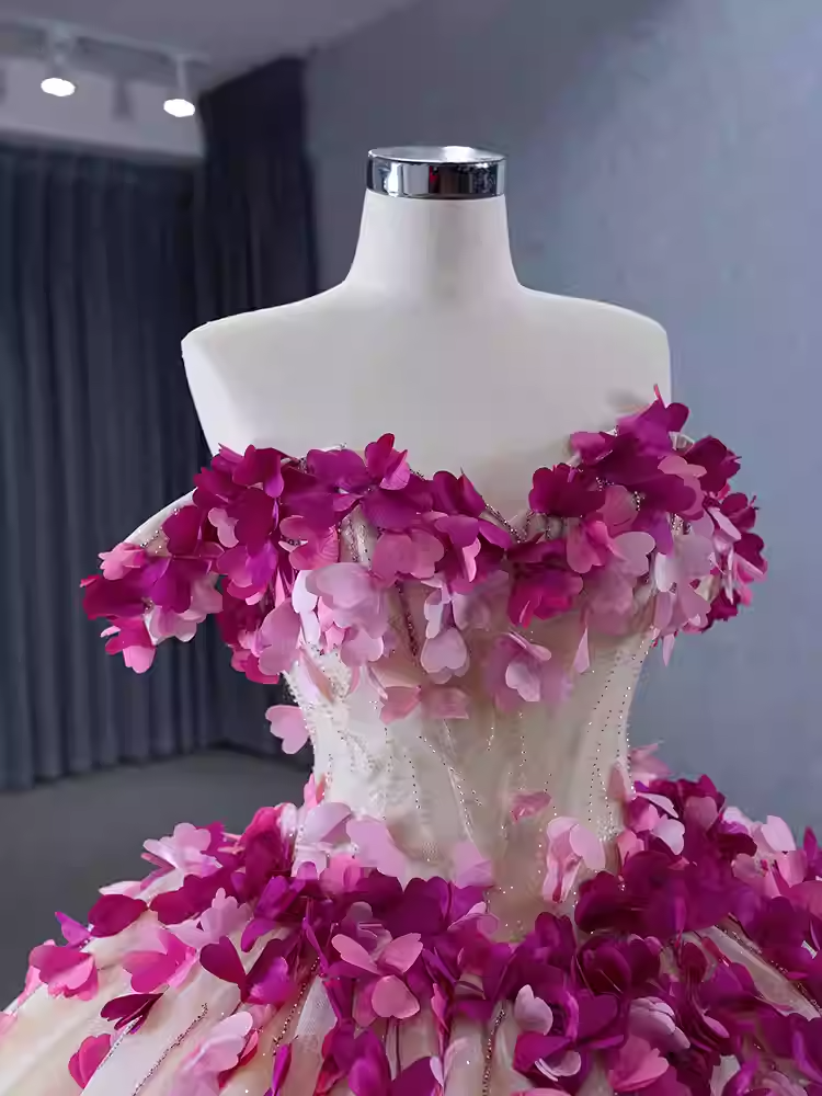 Enchanting Off - Shoulder Ivory Tulle Ball Gown with Pink Floral Embellishments - Prom Dress, BG059