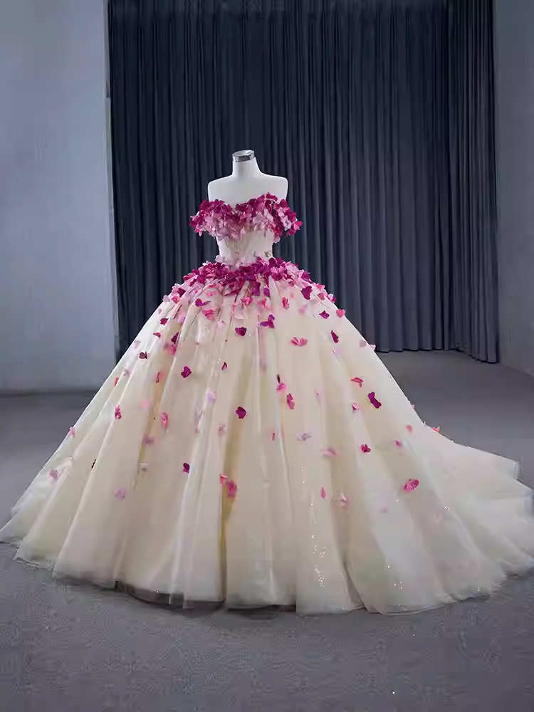 Enchanting Off - Shoulder Ivory Tulle Ball Gown with Pink Floral Embellishments - Prom Dress, BG059