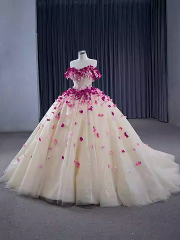Enchanting Off - Shoulder Ivory Tulle Ball Gown with Pink Floral Embellishments - Prom Dress, BG059