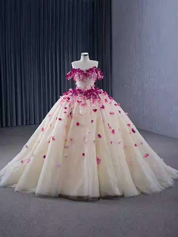 Enchanting Off - Shoulder Ivory Tulle Ball Gown with Pink Floral Embellishments - Prom Dress, BG059