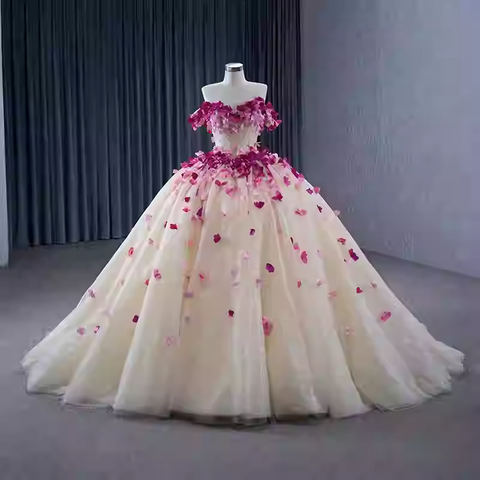 Enchanting Off - Shoulder Ivory Tulle Ball Gown with Pink Floral Embellishments - Prom Dress, BG059
