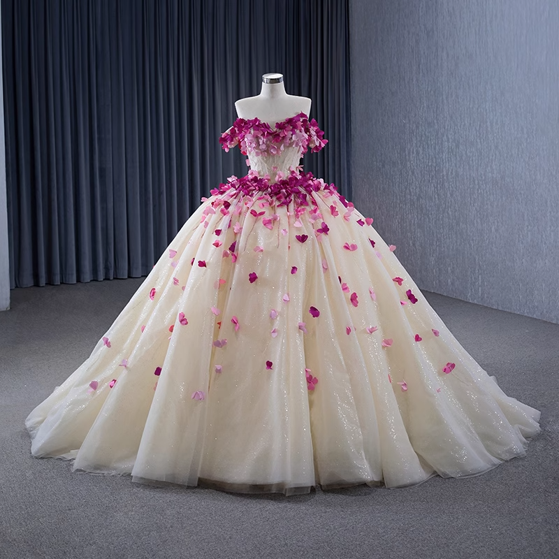 Enchanting Off - Shoulder Ivory Tulle Ball Gown with Pink Floral Embellishments - Prom Dress, BG059