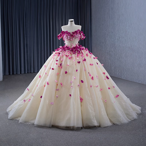 Enchanting Off - Shoulder Ivory Tulle Ball Gown with Pink Floral Embellishments - Prom Dress, BG059