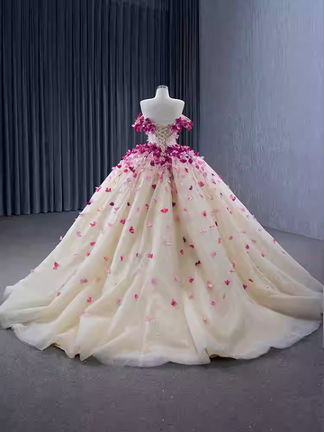 Enchanting Off - Shoulder Ivory Tulle Ball Gown with Pink Floral Embellishments - Prom Dress, BG059