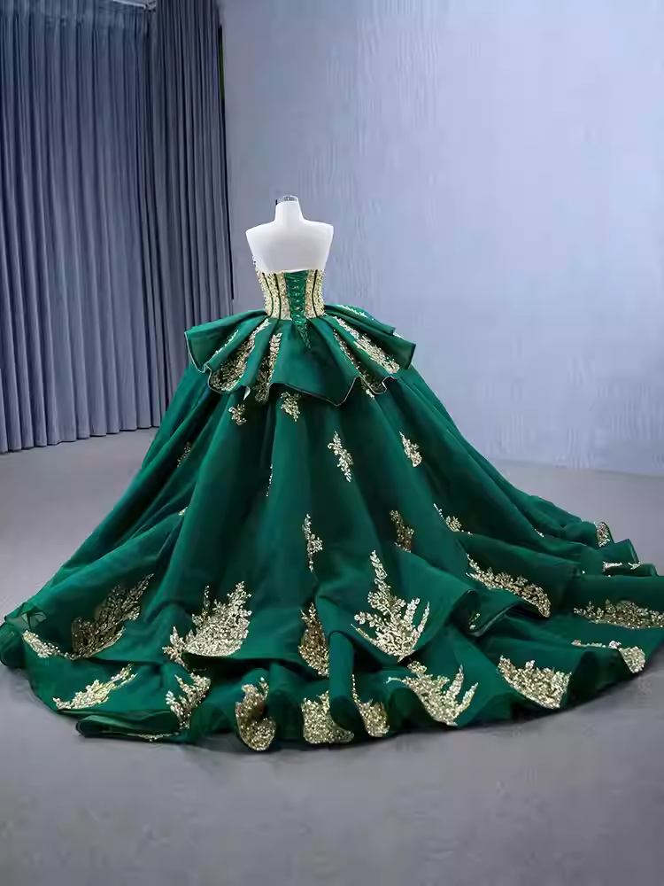 Regal Strapless Emerald Green Ball Gown with Gold Embroidered Detailing - Prom Dress, BG061