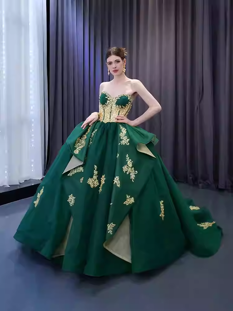 Regal Strapless Emerald Green Ball Gown with Gold Embroidered Detailing - Prom Dress, BG061