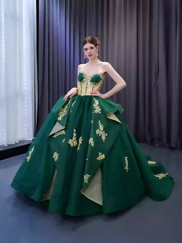 Regal Strapless Emerald Green Ball Gown with Gold Embroidered Detailing - Prom Dress, BG061