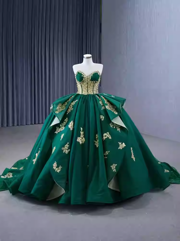 Regal Strapless Emerald Green Ball Gown with Gold Embroidered Detailing - Prom Dress, BG061