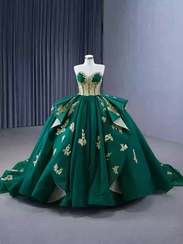 Regal Strapless Emerald Green Ball Gown with Gold Embroidered Detailing - Prom Dress, BG061