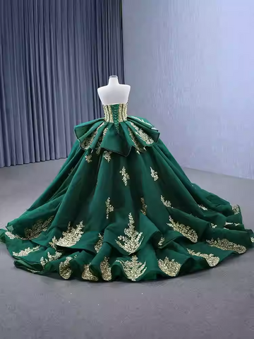 Regal Strapless Emerald Green Ball Gown with Gold Embroidered Detailing - Prom Dress, BG061