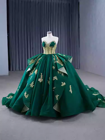 Regal Strapless Emerald Green Ball Gown with Gold Embroidered Detailing - Prom Dress, BG061