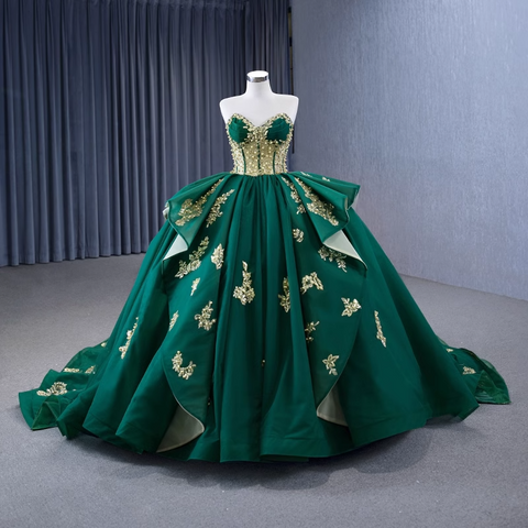 Regal Strapless Emerald Green Ball Gown with Gold Embroidered Detailing - Prom Dress, BG061
