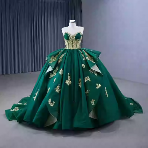 Regal Strapless Emerald Green Ball Gown with Gold Embroidered Detailing - Prom Dress, BG061