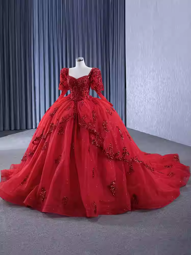 Dazzling Red Ball Gown with Long Sleeves and Sparkling Embellishments - Prom Dress, BG064