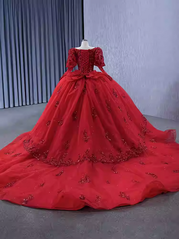 Dazzling Red Ball Gown with Long Sleeves and Sparkling Embellishments - Prom Dress, BG064