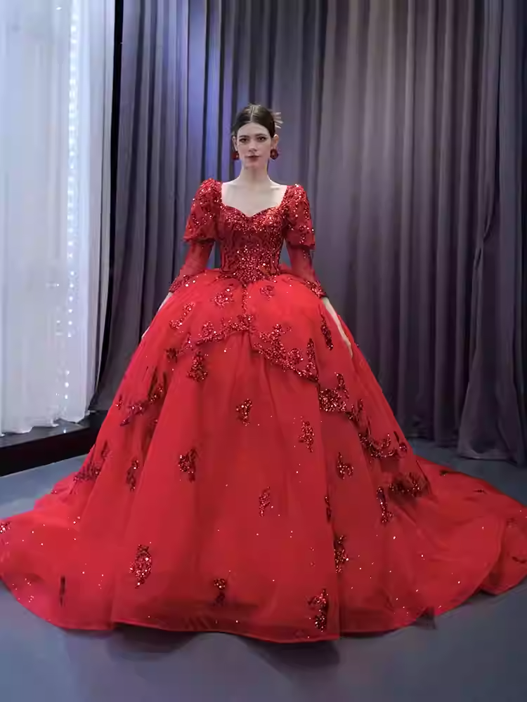 Dazzling Red Ball Gown with Long Sleeves and Sparkling Embellishments - Prom Dress, BG064