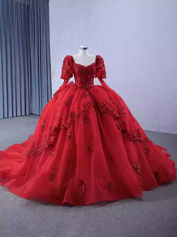 Dazzling Red Ball Gown with Long Sleeves and Sparkling Embellishments - Prom Dress, BG064