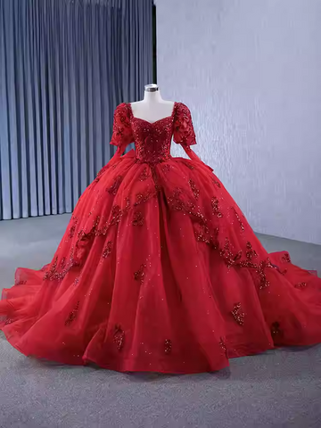 Dazzling Red Ball Gown with Long Sleeves and Sparkling Embellishments - Prom Dress, BG064
