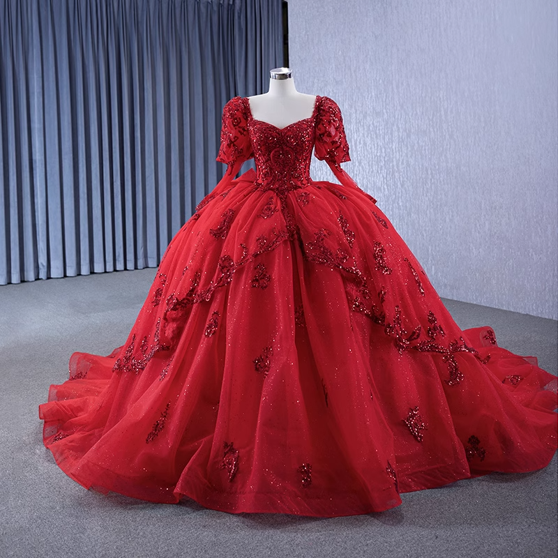 Dazzling Red Ball Gown with Long Sleeves and Sparkling Embellishments - Prom Dress, BG064
