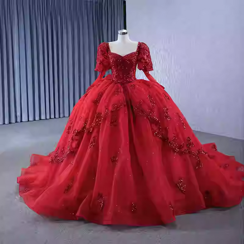 Dazzling Red Ball Gown with Long Sleeves and Sparkling Embellishments - Prom Dress, BG064