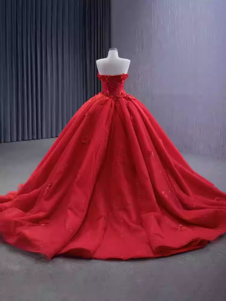 Striking Strapless Red Ball Gown with Floral Detailing and Flutter Sleeves - Prom Dress, BG065