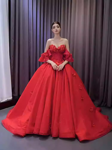Striking Strapless Red Ball Gown with Floral Detailing and Flutter Sleeves - Prom Dress, BG065