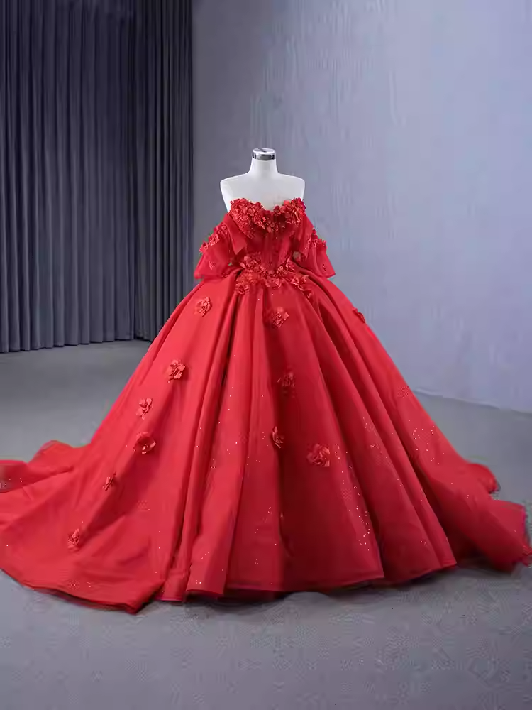 Striking Strapless Red Ball Gown with Floral Detailing and Flutter Sleeves - Prom Dress, BG065